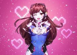 Rule 34 | 1girl, ;d, animal print, armor, bad id, bad pixiv id, bechu, blue bodysuit, blush, bodysuit, bracer, breasts, brown eyes, brown hair, commentary request, d.va (overwatch), eyelashes, facepaint, facial mark, fang, headphones, heart, heart hands, high collar, long hair, looking at viewer, moe moe kyun!, one eye closed, open mouth, overwatch, overwatch 1, pauldrons, pilot suit, rabbit print, ribbed bodysuit, shoulder armor, shoulder pads, skin tight, smile, solo, swept bangs, turtleneck, upper body, whisker markings