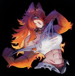 1girl abs animal_ears black_background blue_eyes breasts buffpup_(vtuber) collar commentary english_commentary fang happy_birthday highres looking_at_viewer medium_breasts muscular muscular_female navel orange_fur orange_hair scar shirt simple_background solo spiked_collar spikes tail teeth tongue tongue_out torn_clothes torn_shirt vchiban virtual_youtuber werewolf wolf_ears wolf_girl wolf_tail zambiie