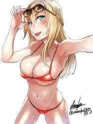 Rule 34 | 1girl, :d, absurdres, adjusting eyewear, bare shoulders, bikini, blonde hair, braid, breasts, cleavage, collarbone, cowboy shot, eureka (eureka-0075), french braid, green eyes, hair between eyes, highres, kantai collection, large breasts, long hair, looking at viewer, navel, one-hour drawing challenge, open mouth, orange bikini, reaching, reaching towards viewer, signature, simple background, skindentation, smile, solo, stomach, sunglasses, sunglasses on head, swimsuit, twitter username, warspite (kancolle), wet, white background