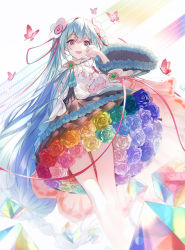 Rule 34 | 1girl, aqua flower, aqua rose, bare legs, blue eyes, blue flower, blue hair, blue ribbon, blue rose, blurry, bokeh, braid, brooch, bug, butterfly, cable, capelet, colorful, cube, depth of field, dot nose, dress, dress flower, dutch angle, eyelashes, feet out of frame, flower, gradient background, green flower, green rose, hair between eyes, hair flower, hair ornament, hand up, happy, hatsune miku, highres, insect, jewelry, legs together, light blush, light particles, long eyelashes, long hair, looking at viewer, low-tied long hair, low twin braids, magical mirai (vocaloid), magical mirai miku, magical mirai miku (2021), multicolored background, neck ribbon, open mouth, orange flower, orange rose, pale skin, pink butterfly, pleated dress, purple flower, purple rose, red flower, red rose, ribbon, rose, sidelocks, simple background, smile, solo, standing, striped background, striped ribbon, teeth, thigh gap, tsurime, twin braids, twintails, upper teeth only, very long hair, vignetting, vocaloid, white background, white flower, white rose, wide sleeves, yellow flower, yellow rose, yon (tellmedoor)
