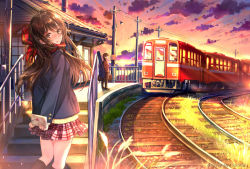 Rule 34 | 1boy, 1girl, black socks, blush, brown eyes, brown hair, evening, fringe trim, grass, kneehighs, letter, looking at viewer, looking back, love letter, nose blush, original, outdoors, parted lips, pierorabu, pink skirt, plaid, plaid scarf, plaid skirt, railroad tracks, red scarf, scarf, scenery, school uniform, skirt, socks, solo focus, stairs, thighs, train, train station
