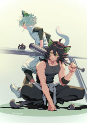 Rule 34 | 2boys, aged up, animal ears, baseball bat, black pants, black tank top, candy, cat boy, cat ears, cat tail, food, hair between eyes, hand up, highres, holding, holding baseball bat, layered sleeves, lollipop, long sleeves, luo xiaohei, luo xiaohei (human), luo xiaohei zhanji, mouth hold, multiple boys, multiple persona, pants, profile, shadow, shoes, short hair, short over long sleeves, short sleeves, suncle, tail, tank top, twitter username, white footwear, white hair