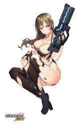 Rule 34 | 1girl, blush, bow, bowtie, breasts, brown hair, brown thighhighs, cleavage, cross, energy gun, full body, goddess kiss, gun, highres, holding, holding gun, holding weapon, invisible chair, large breasts, laser rifle, legs together, medium hair, milyu, nun, orange eyes, simple background, sitting, solo, thighhighs, torn clothes, torn thighhighs, trigger discipline, weapon, white background