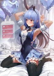 Rule 34 | 1girl, absurdres, animal ears, armpits, arms up, balloon, black thighhighs, blue hair, blue leotard, blush, breasts, brown eyes, closed mouth, detached collar, detached sleeves, fake animal ears, frilled sleeves, frills, full body, gum shrew, heart balloon, highres, hololive, leotard, long hair, looking away, medium breasts, necktie, no shoes, on bed, pekomon (usada pekora), rabbit ears, rabbit pose, short necktie, solo, super chat, sweat, thick eyebrows, thighhighs, translation request, usada pekora, usada pekora (furi furi bunny dress), virtual youtuber, wrist cuffs