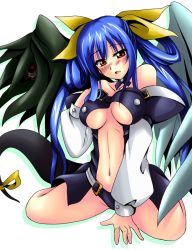 Rule 34 | 1girl, arc system works, asymmetrical wings, blue hair, blush, bow, breasts, choker, dizzy (guilty gear), guilty gear, hair bow, hirayama-h, large breasts, long hair, midriff, navel, necro (guilty gear), red eyes, ribbon, solo, tail, tail ornament, tail ribbon, thighhighs, twintails, underboob, wings