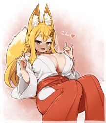 Rule 34 | 1girl, animal ear fluff, animal ears, bare shoulders, blonde hair, blush, breasts, cleavage, double fox shadow puppet, fox ears, fox girl, fox shadow puppet, fox tail, hakama, heart, highres, huge breasts, ichika (ichika manga), japanese clothes, large breasts, looking at viewer, miko, open clothes, open mouth, original, red hakama, smile, solo, sweat, tail, thick eyebrows, wide sleeves, yellow eyes