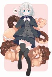 Rule 34 | 1girl, :p, black footwear, black jacket, black skirt, black thighhighs, blazer, blue eyes, blush, brown background, cardigan, closed mouth, collared shirt, commentary, doughnut, dress shirt, food, french cruller, grey cardigan, grey shirt, highres, jacket, loafers, long sleeves, looking at viewer, open clothes, open jacket, original, pleated skirt, school uniform, shirt, shoes, silver hair, skirt, smile, solo, spoken food, sprinkles, symbol-only commentary, tantan men (dragon), thighhighs, tongue, tongue out, two-tone background, white background