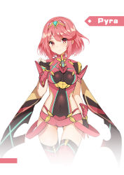 Rule 34 | 1girl, absurdres, blush, breasts, character name, covered navel, earrings, fingerless gloves, gloves, hair ornament, highres, jewelry, large breasts, looking at viewer, nintendo, pyra (xenoblade), red eyes, red hair, short hair, shorts, sidelocks, simple background, smile, solo, tiara, white background, xenoblade chronicles (series), xenoblade chronicles 2, xenoblade chronicles (series), xenoblade chronicles 2, yeluno meng