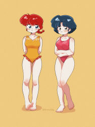 Rule 34 | 2girls, arms behind back, artist request, barefoot, blue eyes, blue hair, blue one-piece swimsuit, braid, braided ponytail, collarbone, cowboy shot, dark blue hair, full body, highres, long hair, looking at another, looking at viewer, multiple girls, one-piece swimsuit, ranma-chan, ranma 1/2, red hair, red one-piece swimsuit, shiny skin, short hair, simple background, single braid, smile, swimsuit, tendou akane, thighs, wide hips, yellow one-piece swimsuit
