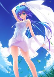 Rule 34 | 1girl, :d, aoki lapis, arms up, blue hair, blue sky, bracelet, breasts, carnelian, day, dress, earrings, gradient hair, grass, headband, highres, holding, jewelry, jpeg artifacts, long hair, medium breasts, multicolored hair, open mouth, outdoors, purple hair, see-through silhouette, silhouette, skirt, sky, sleeveless, smile, solo, translucent, very long hair, vocaloid, wind