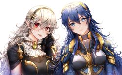 Rule 34 | 2girls, armor, black armor, blue eyes, blue hair, blush, breasts, cape, corrin (female) (fire emblem), corrin (fire emblem), fingerless gloves, fire emblem, fire emblem awakening, fire emblem fates, fire emblem heroes, gloves, hair between eyes, hair ornament, hairband, long hair, looking at viewer, lucina (fire emblem), multiple girls, nintendo, open mouth, pointy ears, red eyes, silver hair, simple background, smile, super smash bros., tiara, wani (fadgrith)