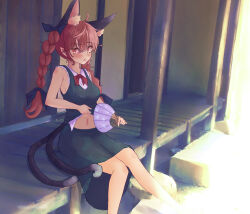Rule 34 | 1girl, absurdres, adapted costume, ahoge, animal ear fluff, animal ears, bare arms, black bow, blush, bow, braid, breasts, cat ears, cat girl, cat tail, clothes lift, commentary request, day, eyes visible through hair, fang, feet out of frame, green skirt, green vest, hair between eyes, hair bow, hand fan, highres, holding, holding fan, hot, jitome, kaenbyou rin, kiritanpo117, knees together feet apart, lifting own clothes, long hair, looking at viewer, medium breasts, multiple tails, navel, neck ribbon, open mouth, outdoors, paw print, pointy ears, red eyes, red hair, red ribbon, ribbon, scenery, shirt, shirt lift, sitting, skin fang, skirt, sleeveless, sleeveless shirt, solo, tail, touhou, twin braids, two tails, vest, white shirt