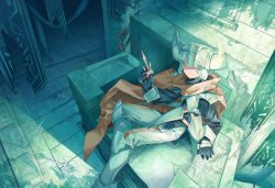 Rule 34 | 1other, androgynous, arrow (projectile), bad id, bad pixiv id, banner, black jacket, blue eyes, brown cape, cape, closed mouth, eyes visible through eyewear, fake horns, gauntlets, helmet, highres, holding, horned helmet, horns, jacket, looking at viewer, armored boots, original, pants, shichigatsu, sitting, solo, throne, white pants