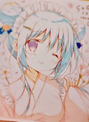 Rule 34 | 1girl, ;p, blue bow, blue hair, blurry, blush, bow, closed mouth, commentary request, double bun, flower, frills, hair bow, hair bun, hair flower, hair ornament, hairclip, hand up, highres, japanese clothes, kimono, long sleeves, maid, maid headdress, one eye closed, original, petals, pinching sleeves, pink flower, pink kimono, purple eyes, shiratama (shiratamaco), sidelocks, sleeves past wrists, smile, solo, tongue, tongue out, traditional media, upper body, wa maid, wide sleeves