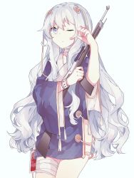 Rule 34 | 1girl, absurdres, assault rifle, automatic rifle, bad id, bad pixiv id, bandaged leg, bandaged neck, bandages, blue dress, closed mouth, cowboy shot, dress, girls&#039; frontline, gun, hair between eyes, hand on own face, highres, holding, holding gun, holding weapon, japanese clothes, light purple hair, long hair, long sleeves, looking at viewer, migolu, one eye closed, purple eyes, revision, ribeyrolles (girls&#039; frontline), ribeyrolles 1918, rifle, simple background, solo, standing, very long hair, weapon, weapon request, white background, wide sleeves, wristband
