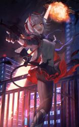 Rule 34 | 1girl, arknights, black gloves, black jacket, black pantyhose, black skirt, breasts, building, demon tail, explosion, feet out of frame, fingerless gloves, gloves, highres, horns, jacket, ji mag (artist), miniskirt, nail polish, neon lights, night, open clothes, open jacket, open mouth, orange eyes, outdoors, outstretched arms, pantyhose, railing, red nails, scar, scar on arm, searchlight, shirt, short hair, silver hair, skirt, smile, solo, spread arms, tail, w (arknights)
