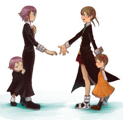 Rule 34 | 00s, 2girls, androgynous, arms behind back, bad id, bad pixiv id, black dress, blonde hair, blouse, blush, bow, brown hair, child, coat, crona (soul eater), cuff links, dress, dual persona, closed eyes, hair bow, hiding, high collar, looking at another, maka albarn, mary janes, multiple girls, necktie, open mouth, outstretched hand, plaid, plaid skirt, purple hair, shirt, shoes, short hair, shy, skirt, smile, socks, soul eater, suzu (meabeasheep), time paradox, twintails, aged down