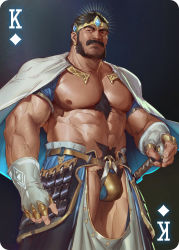 Rule 34 | 1boy, abs, armor, bara, bear, beard, black hair, bulge, cape, card, chest hair, crotch plate, crown, diamond (shape), facial hair, gauntlets, gem, hairy, highres, large pectorals, male focus, male pubic hair, manly, muscular, muscular male, mustache, navel, navel hair, nipples, no pants, original, pectorals, pubic hair, skirt, sword, thick arms, thick eyebrows, thick thighs, thighs, tooboshoo, topless male, weapon
