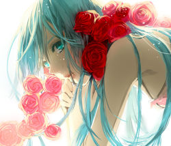 Rule 34 | 1girl, alternate hairstyle, armpits, bad id, bad pixiv id, bare shoulders, blue eyes, blue hair, close-up, crying, crying with eyes open, expressionless, eyelashes, flower, g.g.lemon, hair down, hatsune miku, long hair, looking away, own hands together, pink flower, pink rose, red flower, red rose, rose, shaded face, simple background, solo, solo focus, tears, upper body, vocaloid, white background
