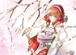 Rule 34 | 1girl, bento, blurry, box, cherry blossoms, clear glass (mildmild1311), depth of field, fire emblem, fire emblem fates, hairband, highres, holding, holding box, japanese clothes, light rays, long sleeves, looking at viewer, nintendo, outdoors, pink eyes, red hair, sakura (fire emblem), signature, smile, solo, tree, twitter username