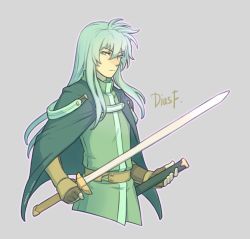 Rule 34 | 1boy, alternate color, cape, character name, dated, dias flac, emeraudolupus, green eyes, green hair, grey background, highres, long hair, male focus, sheath, signature, solo, star ocean, star ocean the second story, sword, upper body, weapon