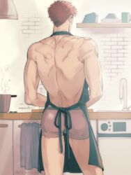 Rule 34 | 1boy, apron, back, back focus, bite mark, bite mark on back, bite mark on leg, bite mark on neck, bite mark on shoulder, bite mark on thigh, black apron, cowboy shot, highres, indoors, jmt sungnyung, kitchen, male focus, male underwear, nearly naked apron, oven, red hair, red male underwear, sakuragi hanamichi, short hair, slam dunk (series), solo, toned, toned male, underwear