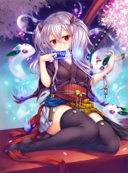 Rule 34 | 1girl, black kimono, black thighhighs, blue fire, blurry, blush, breasts, chain, closed mouth, collarbone, creature, duel monster, eclipse, eyelashes, fire, full body, ghost, ghost ogre &amp; snow rabbit, glowing, hair between eyes, hakama, hakama short skirt, hakama skirt, highres, hitodama, holding, horns, japanese clothes, katana, kimono, long hair, looking at viewer, miniskirt, moon, night, night sky, no shoes, obi, ofuda, petals, plaid, pleated skirt, pointy ears, red eyes, sash, sickle, sitting, skindentation, skirt, sky, sleeves pushed up, small breasts, snow rabbit, sword, sword behind back, thigh strap, thighhighs, toes, transparent, twintails, weapon, white hair, white hakama, white skirt, wide sleeves, yokozuwari, yu-gi-oh!, yuki usagi (snowcanvas)