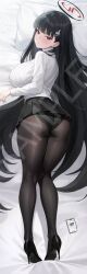 Rule 34 | 1girl, black footwear, black hair, black pantyhose, black skirt, blue archive, blunt bangs, blush, breasts, hair ornament, hairclip, halo, high heels, highres, large breasts, long hair, long sleeves, looking at viewer, pantyhose, pillow, preview (preview0), pumps, red eyes, rio (blue archive), sample watermark, shoes, skirt, solo, stiletto heels, sweater, turtleneck, turtleneck sweater, very long hair, watermark, white sweater