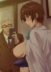 Rule 34 | 1boy, blue neckwear, blush, bra, unworn bra, breasts, brown hair, brown jacket, brown suit, cellphone, closed mouth, collared shirt, commentary request, embarrassed, formal, glasses, green neckwear, grey hair, holding, holding phone, indoors, iphone 11 pro, jacket, jewelry, kosokosomaru (higashi taishi), large breasts, old, old man, open mouth, original, phone, purple bra, ring, shirt, sideboob, smartphone, suit, underwear, vest, weapon, white shirt