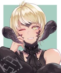 Rule 34 | 1girl, ascot, au ra, black ascot, black dress, blonde hair, blush, detached sleeves, dragon horns, dress, final fantasy, final fantasy xiv, hand on own chin, highres, horns, lips, looking at viewer, one eye closed, scales, shiroesa, short hair, simple background, solo, teeth, upper body, warrior of light (ff14), yellow eyes