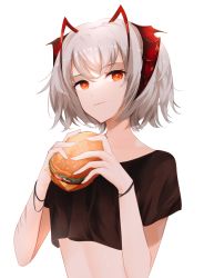 Rule 34 | 1girl, absurdres, alternate costume, antennae, arknights, black shirt, black wristband, burger, crop top, cropped shirt, demon horns, food, grey hair, gupipy, hair between eyes, highres, holding, holding food, horns, looking at viewer, material growth, no ahoge, orange eyes, oripathy lesion (arknights), scar, scar on arm, shirt, short hair, simple background, solo, upper body, w (arknights), white background
