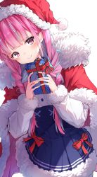 Rule 34 | 1girl, absurdres, ahoge, anchor symbol, blue hair, blue nails, blue skirt, blush, bow, box, braid, breasts, christmas, cloak, closed mouth, commentary, cowboy shot, darjeeling (reley), envelope, fur-trimmed cloak, fur-trimmed skirt, fur-trimmed sleeves, fur trim, gift, gift box, hat, highres, holding, holding gift, hololive, letter, light blue hair, long hair, looking at viewer, medium breasts, minato aqua, minato aqua (sailor), multicolored hair, nail polish, pink hair, purple eyes, red bow, red cloak, red hat, santa hat, shirt, side braids, simple background, skirt, smile, solo, streaked hair, symbol-only commentary, twin braids, two-tone hair, virtual youtuber, white background, white shirt
