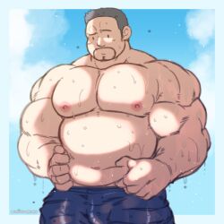 Rule 34 | 1boy, abs, bara, belly, belly grab, bulge, cowboy shot, facial hair, fat, fat man, goatee, grey hair, highres, large hands, large pectorals, male focus, mature male, medium sideburns, muscular, muscular male, navel, navel hair, nipples, onionworkshop, original, paid reward available, pectorals, raised eyebrow, short hair, solid circle eyes, solo, stomach, thick thighs, thighs, topless male, weight conscious, wet, wet male swimwear