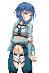 Rule 34 | 1girl, alpha (acerailgun), android, blue hair, borrowed character, cowboy shot, doll joints, fi-san, flat chest, forbiddenimmortality, hand on own arm, joints, long hair, long sleeves, navel, original, pink eyes, solo, transparent background