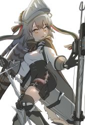 Rule 34 | 1girl, absurdres, arknights, armor, bad id, bad twitter id, brown eyes, brown hair, cape, fartooth (arknights), feather hair, gloves, greaves, heimu (heim kstr), helmet, highres, pouch, quiver, shorts, simple background, sword, thigh pouch, thigh strap, thighhighs, weapon, white background