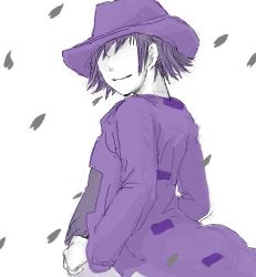 Rule 34 | 1boy, character request, coat, faceless, fedora, hallucigenia (game), hands in pockets, hat, looking back, male focus, pale skin, smile, solo, tsukushi (toxicdoll), wind