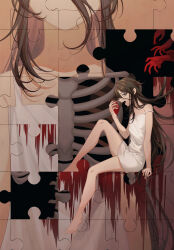 Rule 34 | 1girl, absurdres, bare legs, barefoot, black eyes, black hair, blood, blood on hands, closed mouth, commentary, disembodied limb, dress, erchongbaojun, fang, from side, hair between eyes, hand up, heart, highres, holding, holding heart, light smile, long hair, looking at viewer, looking to the side, open mouth, original, projected inset, puzzle, puzzle piece, ribs, sitting, skeleton, sleeveless, sleeveless dress, spaghetti strap, spine, strap slip, symbol-only commentary, teeth, tongue, very long hair, white dress