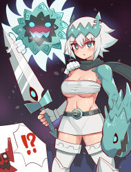 1girl alternate_universe aqua_eyes aqua_skin breasts cleavage colored_skin cougar_(cougar1404) cowboy_shot dragon:_marked_for_death empress_(dmfd) holding holding_sword holding_weapon medium_breasts multicolored_skin skirt solo_focus strapless sword tiara tube_top two-tone_skin underboob weapon white_hair white_skirt white_tube_top