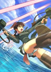Rule 34 | 1girl, aliesta, animal ears, blush, breasts, brown hair, cloud, day, dog ears, double-drum magazine, drum magazine, dual drum magazine, dual wielding, female focus, general-purpose machine gun, gertrud barkhorn, gun, high-capacity magazine, holding, laser, machine gun, magazine (weapon), medium breasts, mg42, military, military uniform, ocean, open mouth, outdoors, panties, pantyshot, saddle-drum, sky, solo, strike witches, striker unit, tail, twintails, underwear, uniform, water, weapon, white panties, world witches series