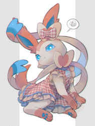 Rule 34 | :t, blue eyes, blush, bow, buttons, closed mouth, clothed pokemon, commentary request, creatures (company), dress, full body, game freak, gen 6 pokemon, highres, kikuyoshi (tracco), looking at viewer, nintendo, no humans, pokemon, pokemon (creature), pokemon unite, pout, short sleeves, solo, spoken squiggle, squiggle, sylveon, sylveon (checkered)