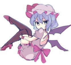 Rule 34 | 1girl, back bow, bat wings, black socks, bow, covered mouth, dress, frilled sleeves, frills, from side, full body, grey eyes, hair between eyes, hat, high heels, hugging own legs, kneehighs, legs up, looking at viewer, looking to the side, mob cap, paragasu (parags112), puffy short sleeves, puffy sleeves, purple bow, purple dress, purple footwear, purple hair, purple hat, remilia scarlet, sash, short hair, short sleeves, simple background, socks, solo, touhou, v-shaped eyebrows, white background, wings