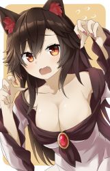 Rule 34 | 1girl, animal ear fluff, animal ears, arms up, blush, breasts, brooch, brown eyes, brown hair, cleavage, collarbone, dress, fang, fingernails, hair between eyes, imaizumi kagerou, jewelry, large breasts, long fingernails, long hair, long sleeves, looking at viewer, off-shoulder dress, off shoulder, open mouth, slit pupils, solo, sweatdrop, touhou, tyouseki, white dress, wide sleeves, wolf ears
