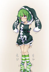 Rule 34 | 1girl, aqua dress, arms at sides, bare shoulders, blush, breasts, character request, clenched hands, closed mouth, darashi na panda, detached sleeves, dress, embarrassed, female focus, full body, green hair, green socks, have to pee, highres, hooded dress, japanese text, kneehighs, legs together, looking away, looking to the side, nose blush, purple eyes, shironeko project, short hair, simple background, sleeveless, sleeveless dress, small breasts, socks, solo, standing, striped clothes, striped socks, tiptoes, translation request, trembling, white background, zipper pull tab
