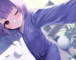 Rule 34 | 1girl, airpods, bed sheet, blunt bangs, blurry, blurry background, blush, breast pocket, cattleya regina games, closed mouth, hand up, highres, long sleeves, lying, on side, one eye closed, pajamas, pants, plant, pocket, potted plant, purple hair, purple pajamas, purple pants, purple shirt, reaching, reaching towards viewer, red eyes, shelf, shirt, short hair, smile, thick eyebrows, tosaki mimi, virtual youtuber, vspo!, wireless earphones, yotsugi