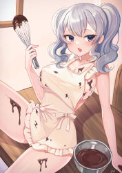 Rule 34 | 1girl, apron, bowl, breasts, chocolate, chocolate on body, chocolate on breasts, collarbone, food on body, grey eyes, holding, holding whisk, kantai collection, kashima (kancolle), large breasts, naked apron, sidelocks, silica (silica silylate), silver hair, sitting, solo, twintails, wavy hair, whisk, yellow apron
