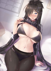 Rule 34 | 1girl, :d, arm support, black bra, black hair, black panties, black pantyhose, blue eyes, blush, bra, bra tug, breasts, cleavage, commentary request, daidou (demitasse), hair ornament, hair over one eye, hair up, hairclip, highres, indoors, large breasts, long hair, multicolored hair, navel, open mouth, original, panties, panties under pantyhose, pantyhose, shrug (clothing), sidelocks, sitting, skindentation, smile, solo, stomach, sweatdrop, underwear, very long hair