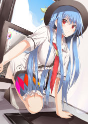 Rule 34 | 1girl, alternate breast size, barefoot, blue hair, blush, breasts, food, fruit, hat, hinanawi tenshi, large breasts, long hair, looking at viewer, monitor, neropaso, painttool sai, peach, red eyes, smile, solo, through medium, through screen, touhou