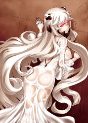Rule 34 | 10s, 1girl, abyssal ship, ass, backless outfit, black nails, breasts, damu ningen, dress, from behind, horns, kantai collection, large breasts, long hair, looking back, midway princess, nail polish, pale skin, red eyes, see-through, very long hair, white dress, white hair