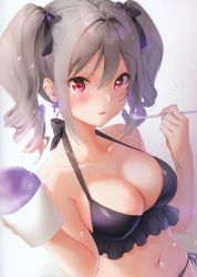 Rule 34 | 1girl, absurdres, bare arms, bare shoulders, bikini, black bikini, black bow, black ribbon, blush, bow, breasts, cleavage, collarbone, cross, cross earrings, drill hair, earrings, food, gradient background, grey background, grey hair, hair between eyes, hair bow, halterneck, hand up, highres, idolmaster, idolmaster cinderella girls, jewelry, kanzaki ranko, kinako (shiratama mochi), large breasts, long hair, looking at viewer, medium breasts, navel, parted lips, red eyes, ribbon, scan, shaved ice, side-tie bikini bottom, sidelocks, simple background, smile, solo, stomach, swimsuit, twin drills, twintails, water drop, white background