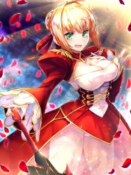 Rule 34 | 10s, 1girl, ahoge, artoria pendragon (all), artoria pendragon (fate), bad id, bad pixiv id, blonde hair, breasts, dress, fate/extra, fate/extra ccc, fate (series), green eyes, hair ribbon, highres, kaigo, large breasts, looking at viewer, md5 mismatch, nero claudius (fate), nero claudius (fate), nero claudius (fate/extra), open mouth, petals, red dress, ribbon, saber (fate), solo, standing, sword, weapon